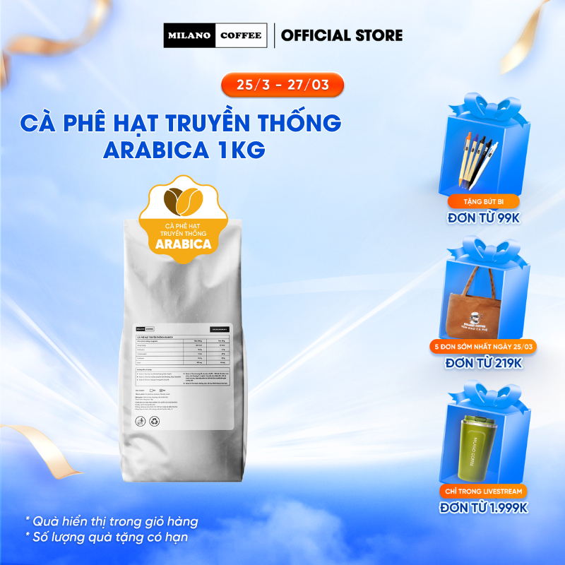 Cà phê hạt truyền thống Arabica Milano Coffee (1kg)