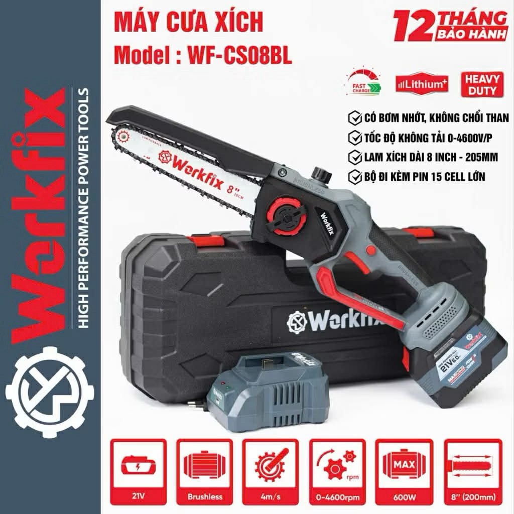 May cưa xích pin Workfix WF-CS08BL, Công suất 600W, Không chổi than, Bơm nhớt tự động