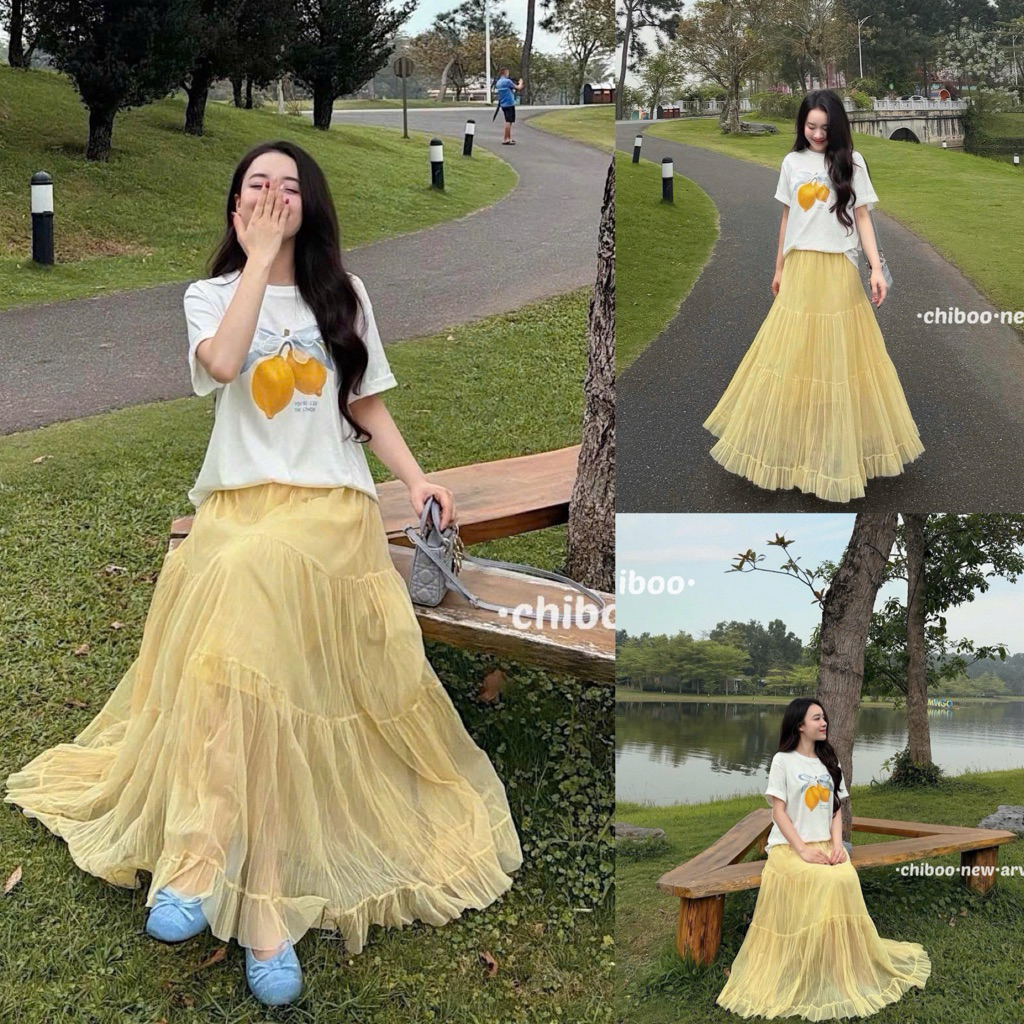 [SẴN ĐỦ MÀU] Chân váy dài  90cm dáng xoè chất VOAN NHĂN 3 tầng cạp chun co giãn “TIARA” | BigBuy360 - bigbuy360.vn