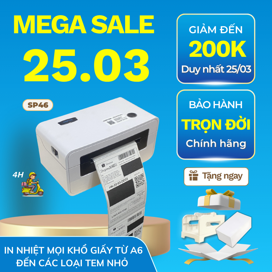 Máy in đơn hàng shoptida sp46 in đơn hàng, phiếu gửi, minicode, logo tự dán, máy in đơn hàng tự dán BH 12 tháng