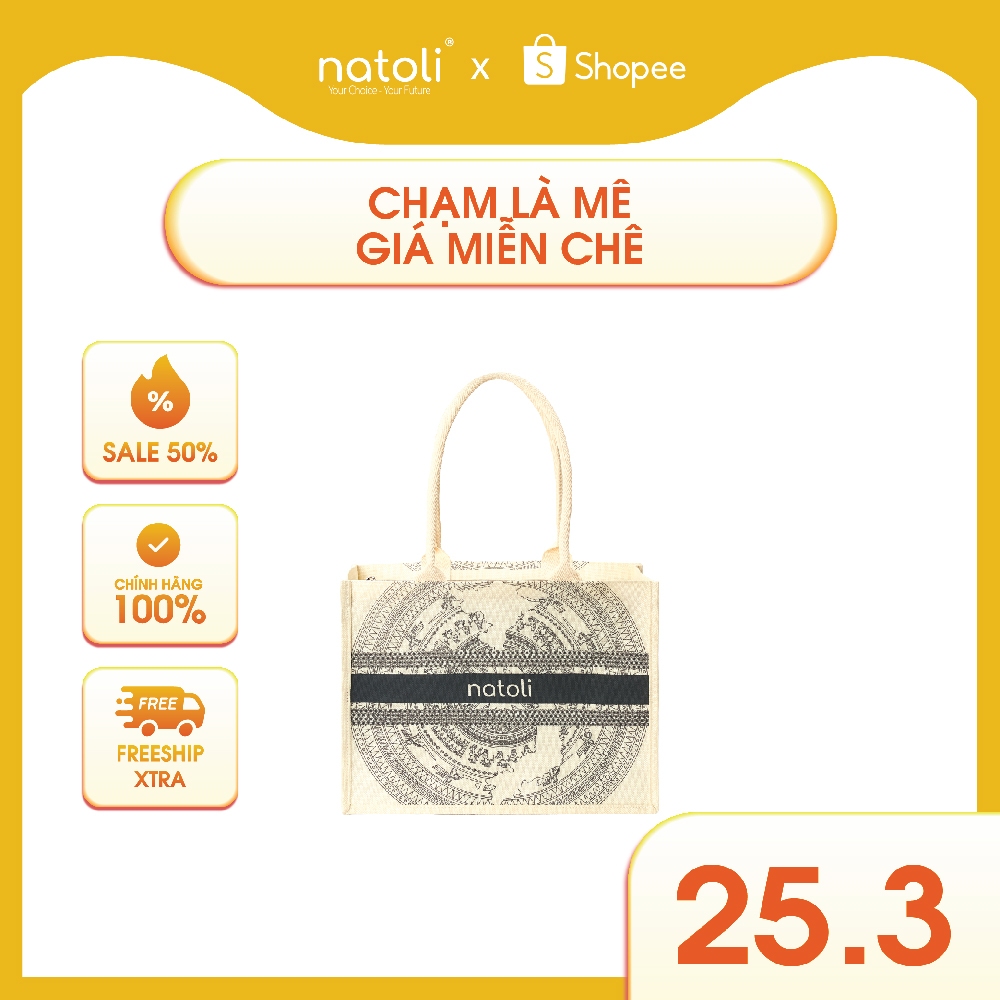 Túi cói vintage, túi đi biển NATOLI đi du lịch, đi chơi có khóa kéo đựng đồ tiện lợi BST Artisan Eco Jute Tote T36