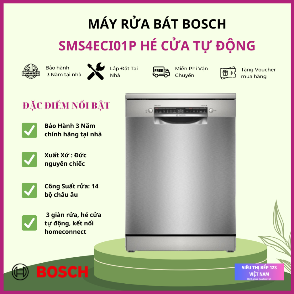 Máy rửa chén bát Bosch SMS4ECI14E/SMS4ECI01P Sấy Hé cửa, Kết nối home connect, Made in Germany