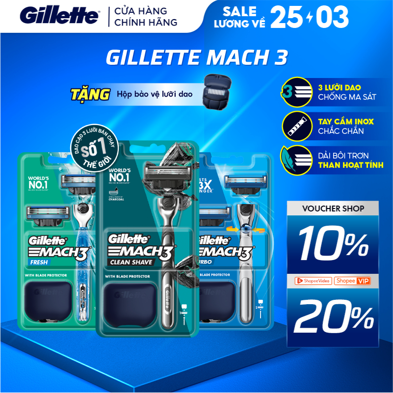 Dao Cạo Râu GILLETTE Mach3 Clean Shave /Mach 3+/ Mach3 Turbo - Hộp 1 Cán 2 Lưỡi/1 Lưỡi