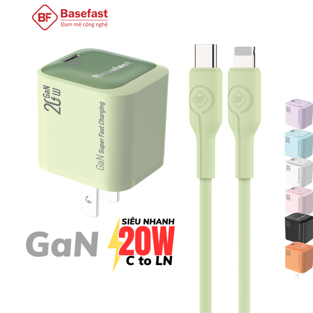 Bộ sạc nhanh 20W 30W Basefast Combo củ GaN kèm dây silicon cho Phone xs 11 12 13 14 15 16 17 pro max