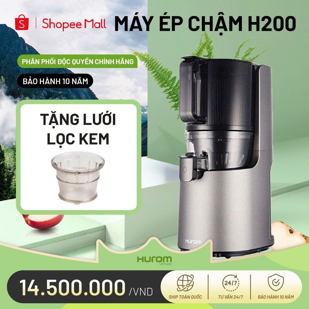 Máy ép chậm Hurom H200 (Màu xám) tặng lưới lọc kem - Bảo hành chính hãng 10 năm - Phân phối độc quyề