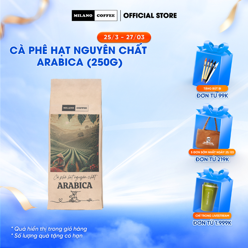 Cà phê hạt nguyên chất Arabica Milano Coffee (250g)