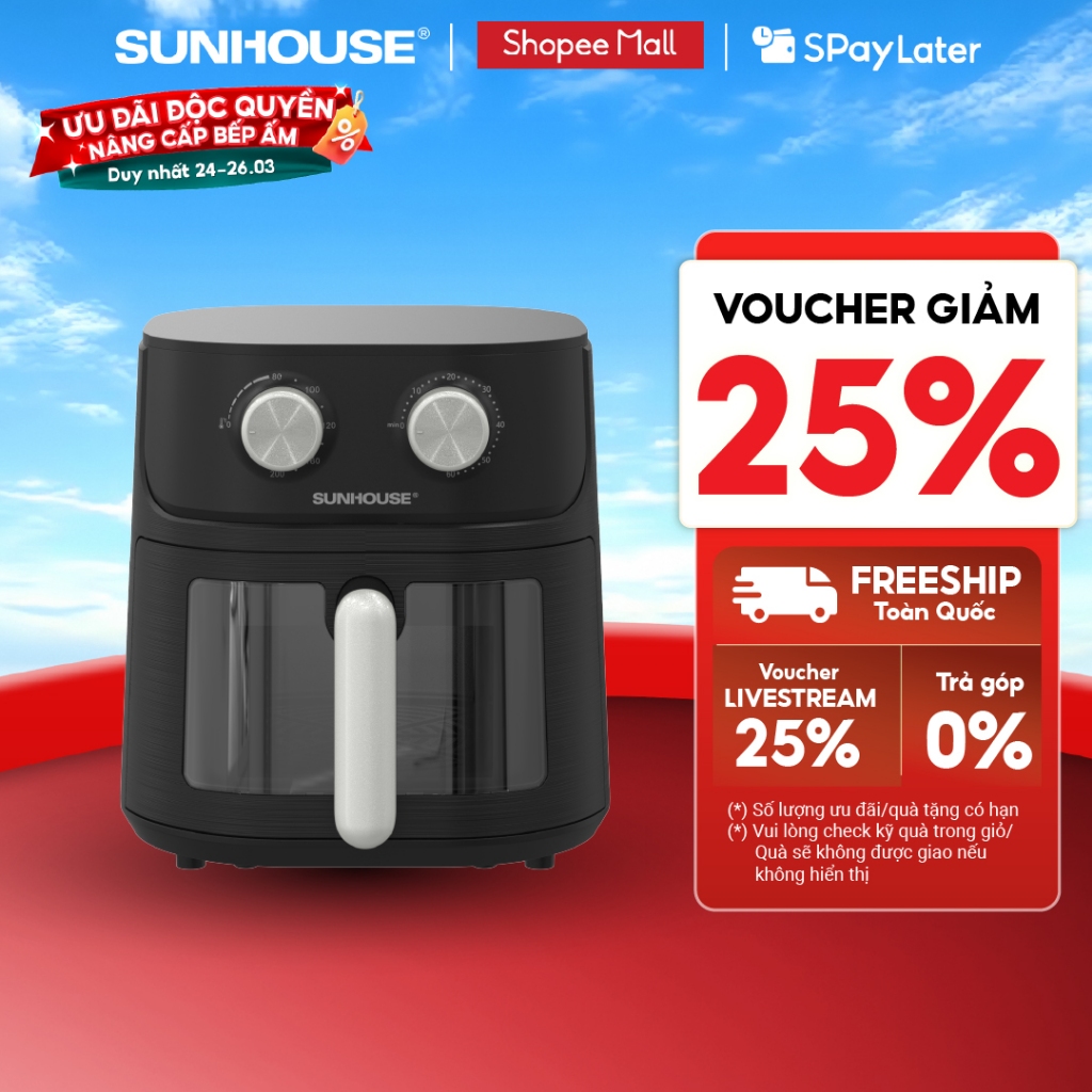 [Độc quyền] Nồi chiên không dầu 6.5L SUNHOUSE SHD4032 - Công nghệ Rapid Air giảm tới 80% dầu - Khoang chiên trong suốt