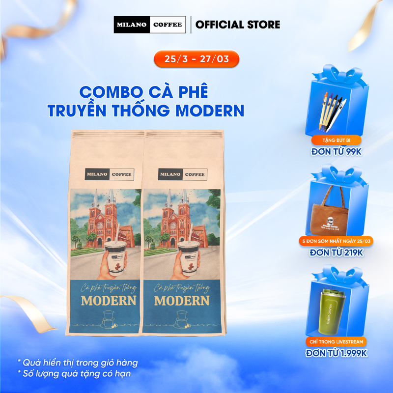 Combo 2 gói cà phê Milano Coffee truyền thống Modern - Cà phê Arabica - Pha phin