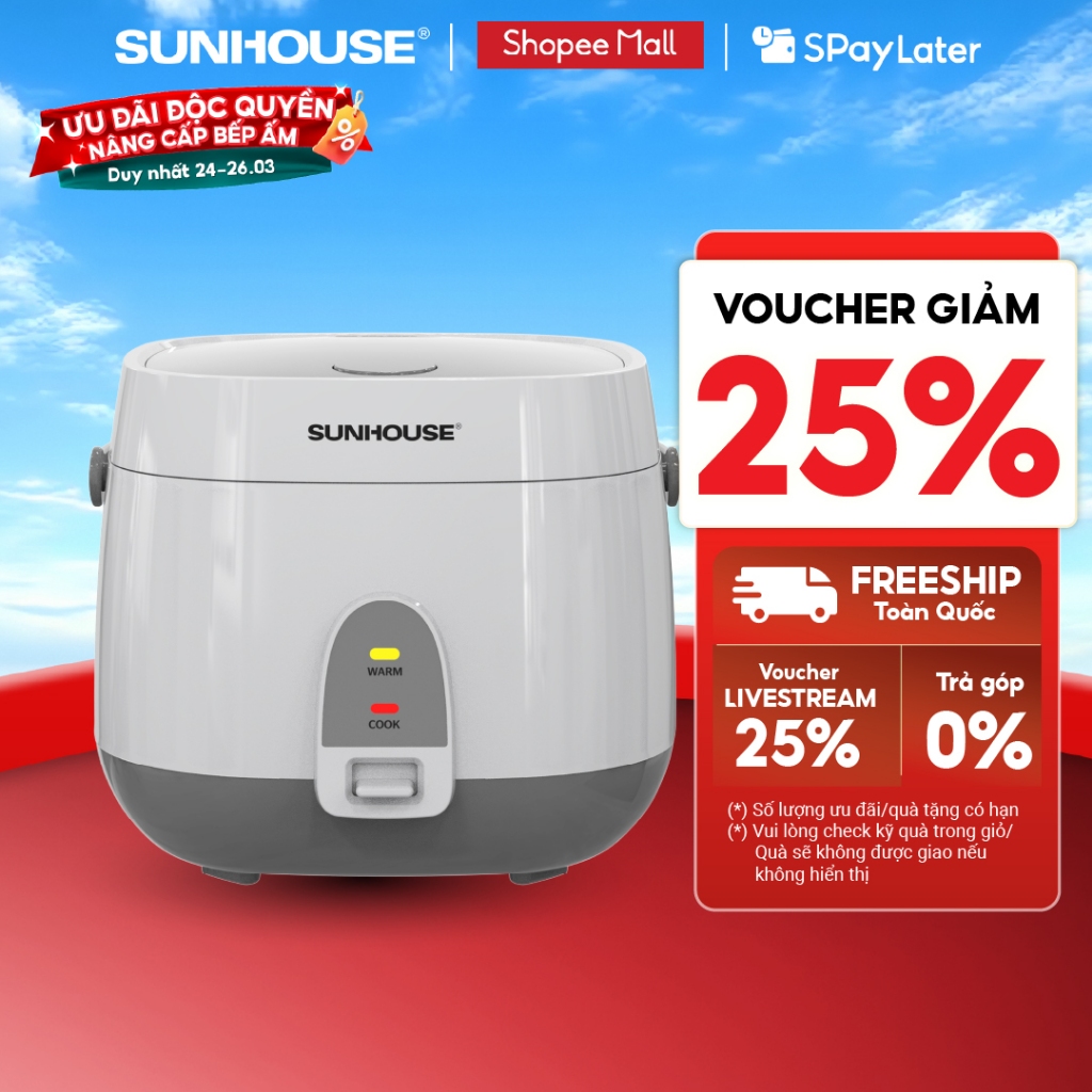 Nồi cơm điện 1.8L Sunhouse SHD8611- Lòng nồi: 1mm, chống dính 2 lớp vân đá, 4-6 người dùng - Sản xuất tại Việt Nam