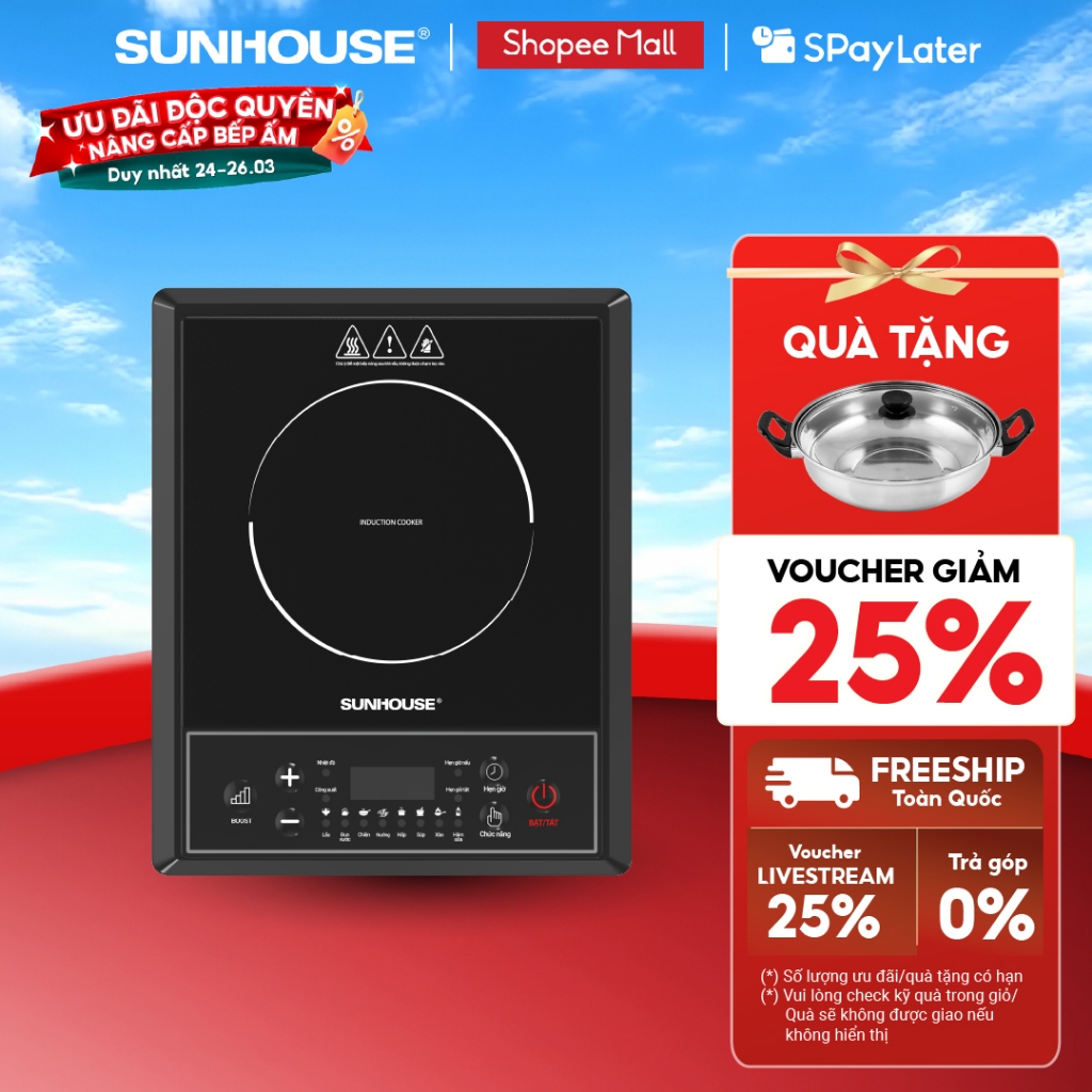 Bếp từ đơn Sunhouse SHD6154 - Công suất 2000W - 8 chế độ nấu - 10 mức nhiệt - Chế độ hẹn giờ - Bảo hành 12 tháng