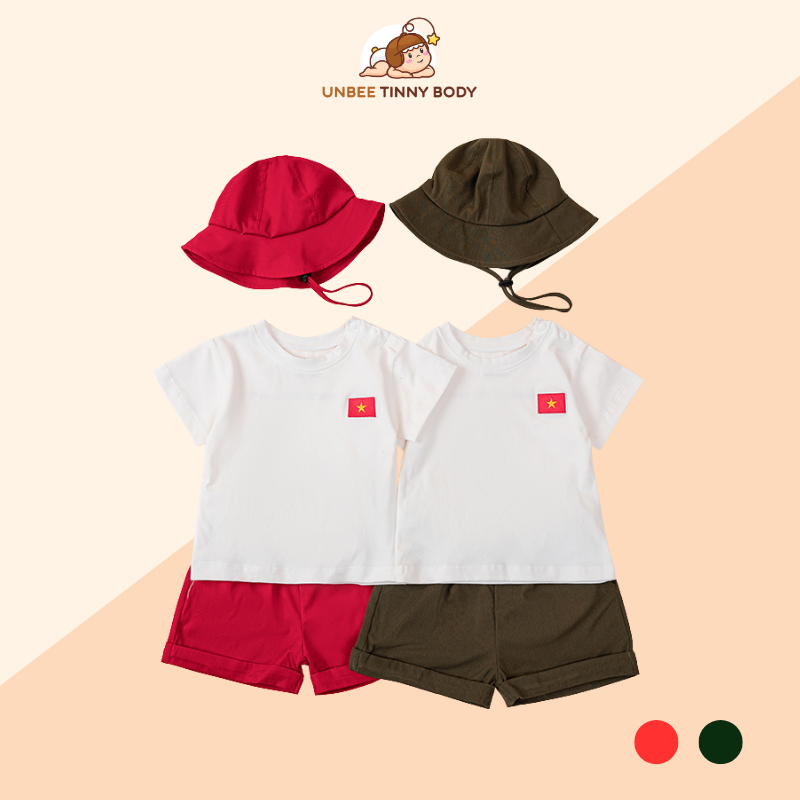 Bộ cộc tay cho bé dán lá cờ Việt Nam tặng kèm mũ tai bèo cho bé trai bé gái - Unbee