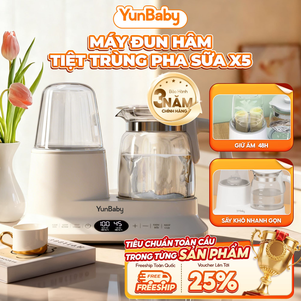 Máy đun hâm tiệt trùng hơi nước X5 Yunbaby, tiệt trùng, sấy khô, đun nước, khử Clo, Giữ ấm 48H - Bảo