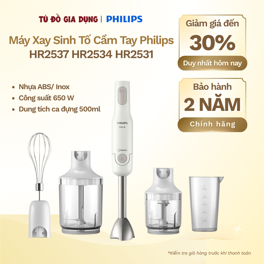 Máy Xay Sinh Tố Cầm Tay Philips HR2537 HR2534 HR2531 - 650W Xay Nhanh Nhuyễn Mịn, Dễ Tháo Rời
