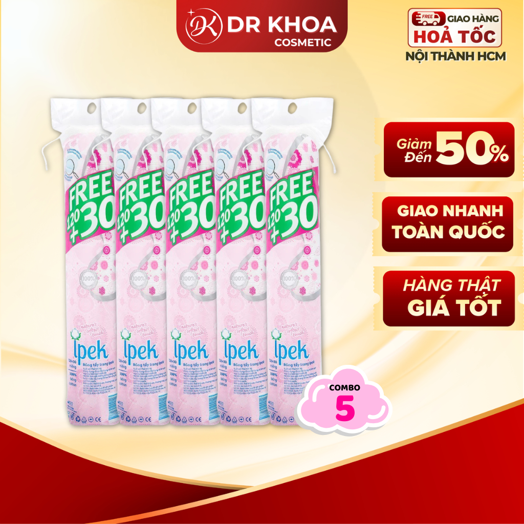 Combo 5 Túi Bông Tẩy Trang Ipek Thỗ Nhĩ Kỳ 150 pads (5x150 miếng)