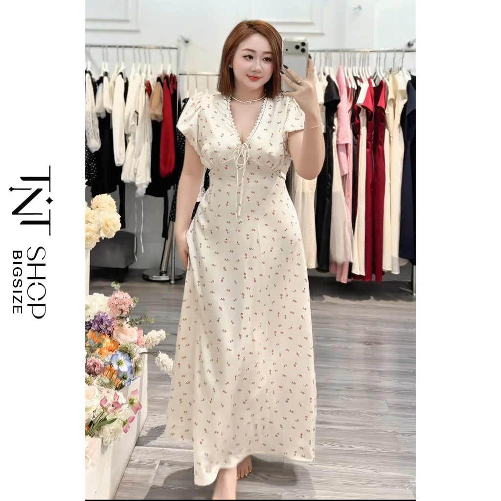 ĐẦM LỤA TAY PHỒNG BIGSIZE PHỐI REN CỔ V THẮT DÂY DÁNG DÀI[TNT SHOP BIGSIZE 60KG 90KG] | BigBuy360 - bigbuy360.vn