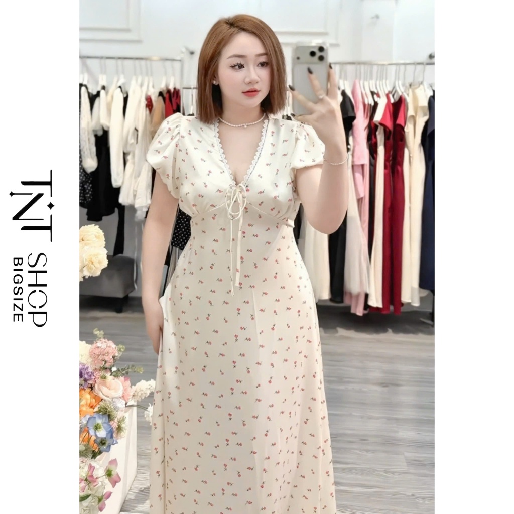 ĐẦM LỤA TAY PHỒNG BIGSIZE PHỐI REN CỔ V THẮT DÂY DÁNG DÀI[TNT SHOP BIGSIZE 60KG 90KG] | BigBuy360 - bigbuy360.vn