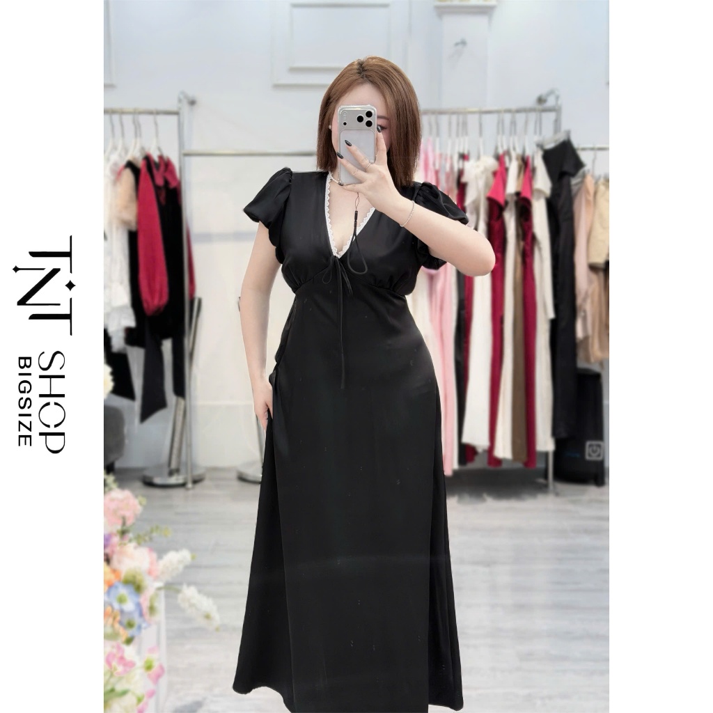ĐẦM LỤA TAY PHỒNG BIGSIZE PHỐI REN CỔ V THẮT DÂY DÁNG DÀI[TNT SHOP BIGSIZE 60KG 90KG] | BigBuy360 - bigbuy360.vn