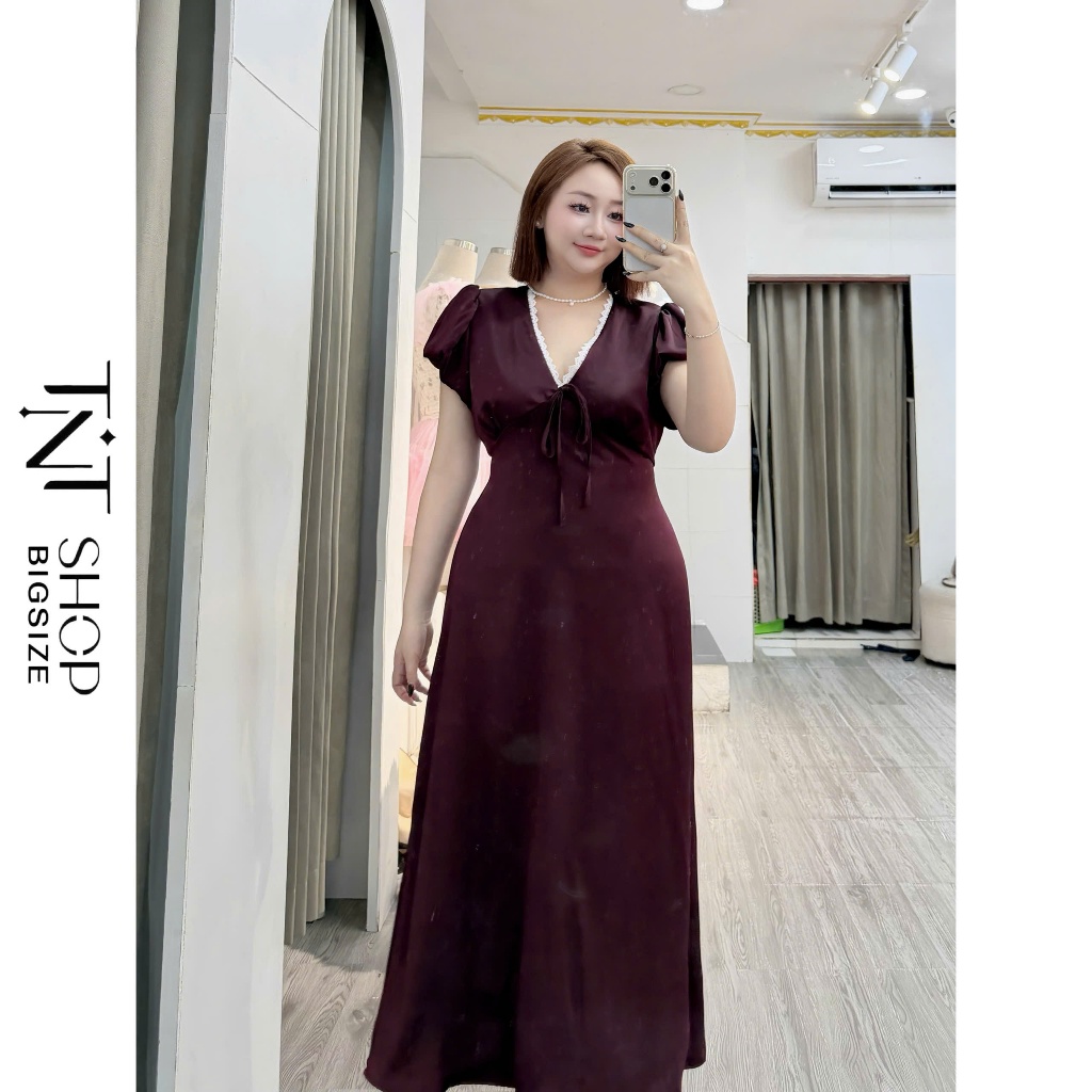 ĐẦM LỤA TAY PHỒNG BIGSIZE PHỐI REN CỔ V THẮT DÂY DÁNG DÀI[TNT SHOP BIGSIZE 60KG 90KG] | BigBuy360 - bigbuy360.vn
