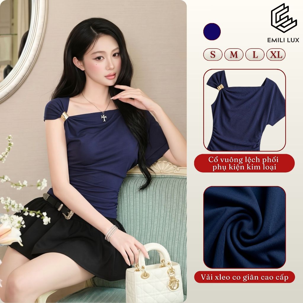 Áo kiểu nữ lệch vai ôm body nhún eo đính khóa kim loại EMILI DESIGN thanh lịch quyến rũ [A91]