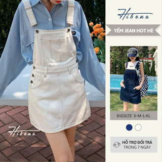 [DEAL HÈ] Váy Yếm Jean Nữ Đi Biển HIBENA Dáng Ngắn mặc Hè Có Túi Trước Ngực cute Xanh Trắng Y01