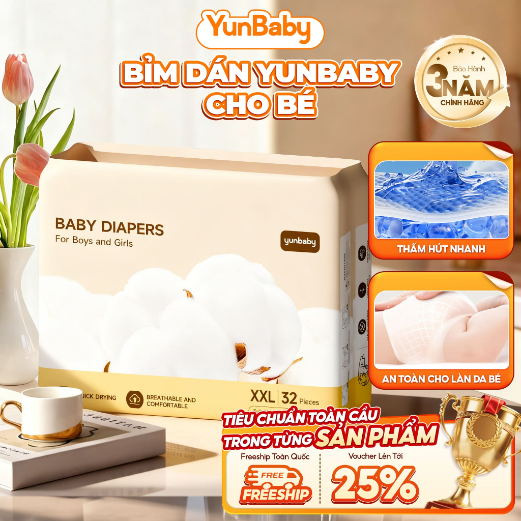 Tã bỉm quần/dán Yunbaby, mềm mỏng, khô thoáng, ngừa hăm, thấm hút 700ml, chống tràn hiệu quả