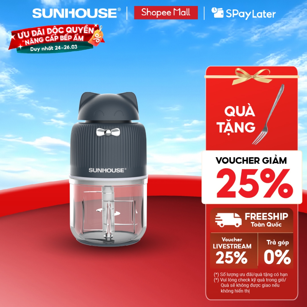 Máy xay thịt mini Sunhouse SHD5401 - Công suất 250W mạnh mẽ - Lưỡi dao 6 cánh sắc bén - Cối chịu nhiệt tới 70 độ C