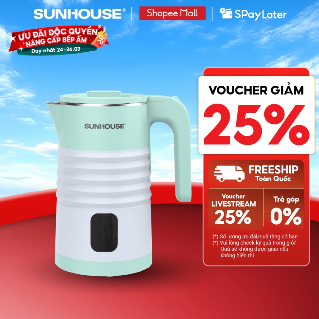 [Mẫu mới] Ấm siêu tốc 1.8L Sunhouse SHD1357 - Bộ điều khiển cao cấp – Thân ấm 2 lớp chống bỏng – 1500W
