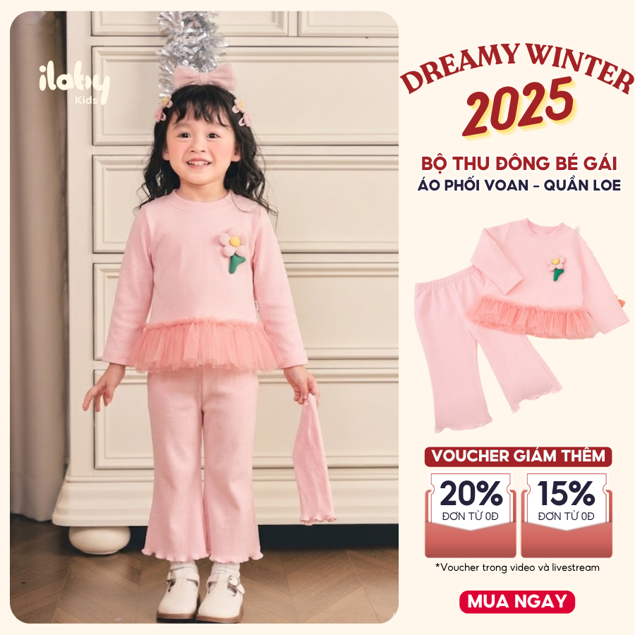 [ILABY 10-40kg] Bộ quần áo bé gái ILABY áo dài tay thiết kế hoa nổi phối voan và quần gấu loe [3851]