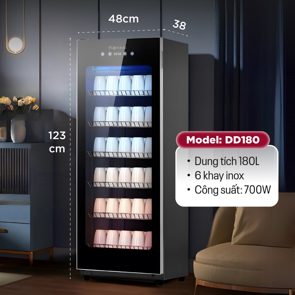Tủ sấy chén bát dung tích180L khử khuẩn tia UV, ozone FUJIHOME DD180, tủ sấy tiệt trùng diệt khuẩn đ