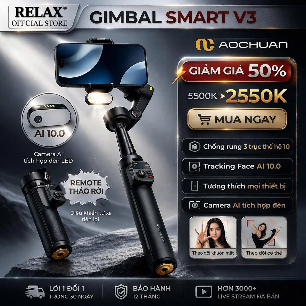 Gimbal Smart V3 - Gymbal điện thoại chống rung hỗ trợ Livestream, chụp ảnh chuyên nghiệp xoay 360 độ