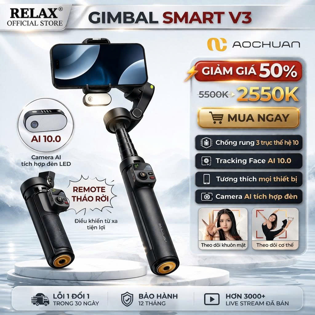 Gimbal Chống Rung Điện Thoại SMART V3 - Có Remote Tháo Rời Quay Phim Chụp Ảnh, Tracking Face 10.0