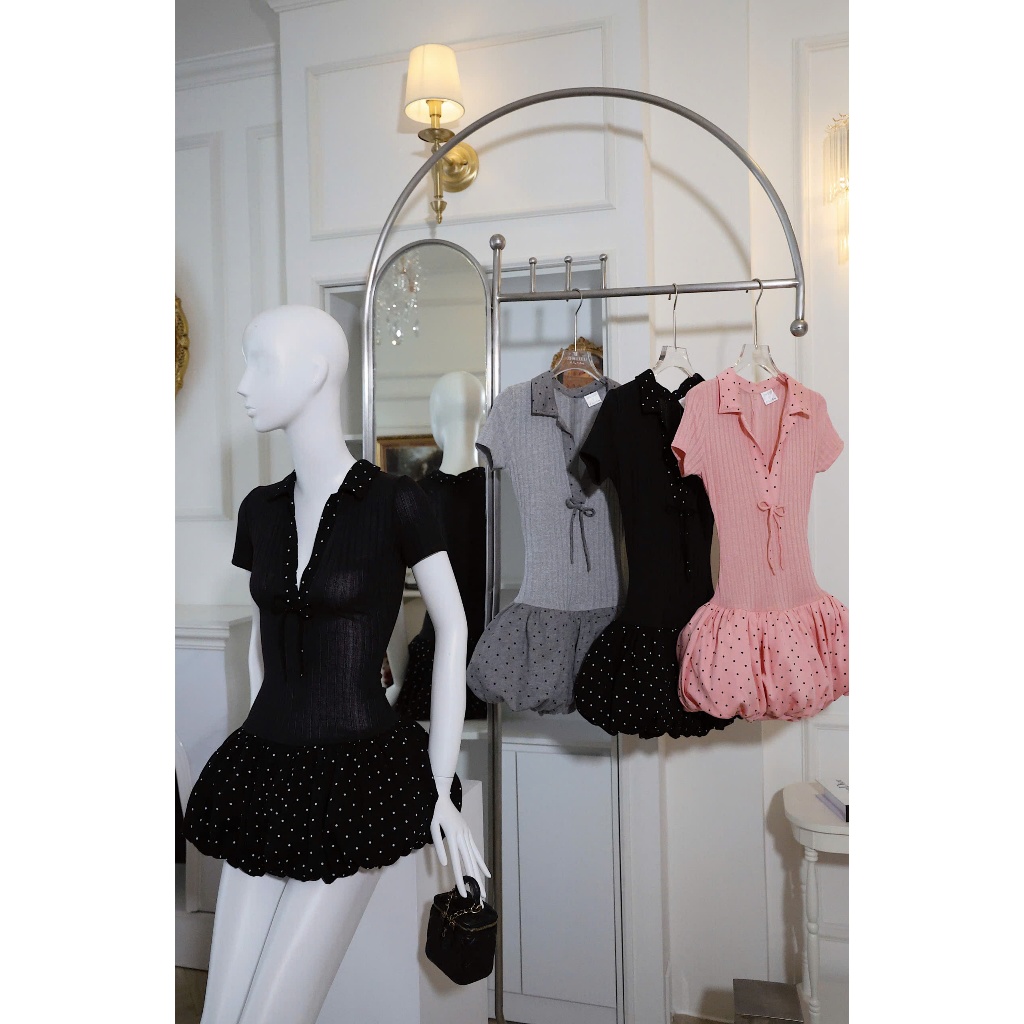 TADstore - Dami Dress đầm sơ mi tay ngắn tùng bí chấm bi