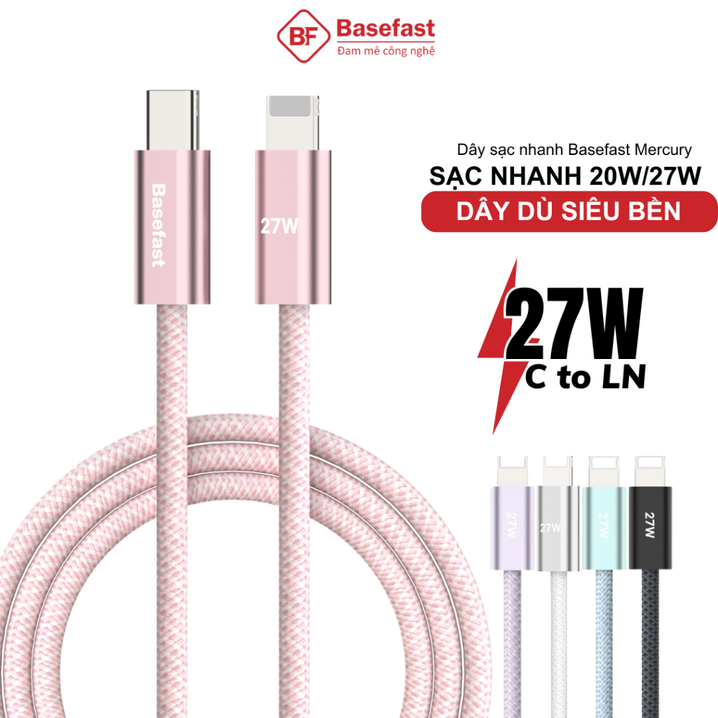 Dây sạc nhanh 20W C to L Basefast Cáp 27W bọc dù siêu bền dài 1m 2m dùng cho xs max 14 13 12 11 pro
