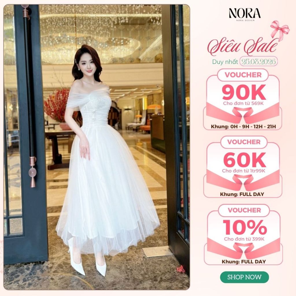 Váy dự tiệc, váy đi bàn cô dâu trễ vai dáng dài đính nơ eo tạo điểm nhấn xinh sang Medechill T98