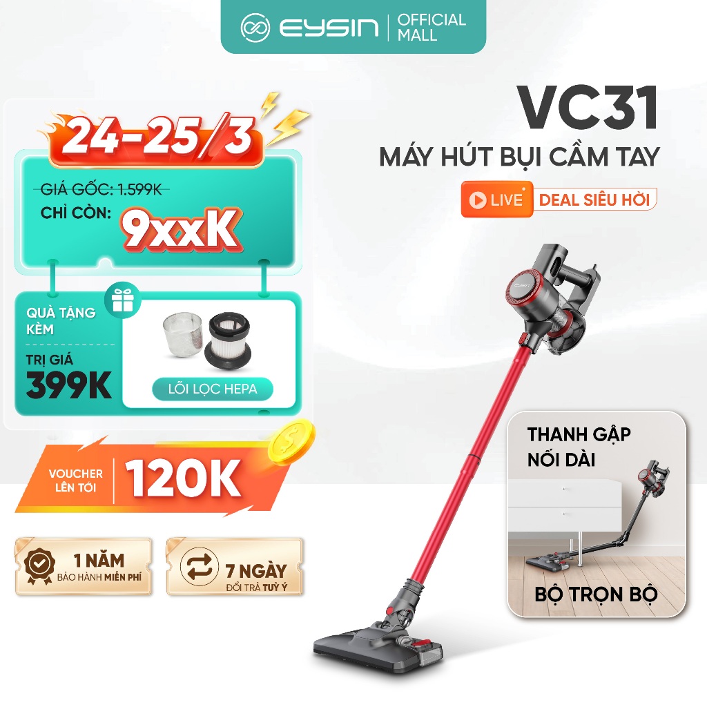Máy Hút Bụi Có Dây EYSIN VC31 Lực Hút 26000PA Công Suất 600W Tiếng Ồn Thấp Thanh Gập Nối Dài