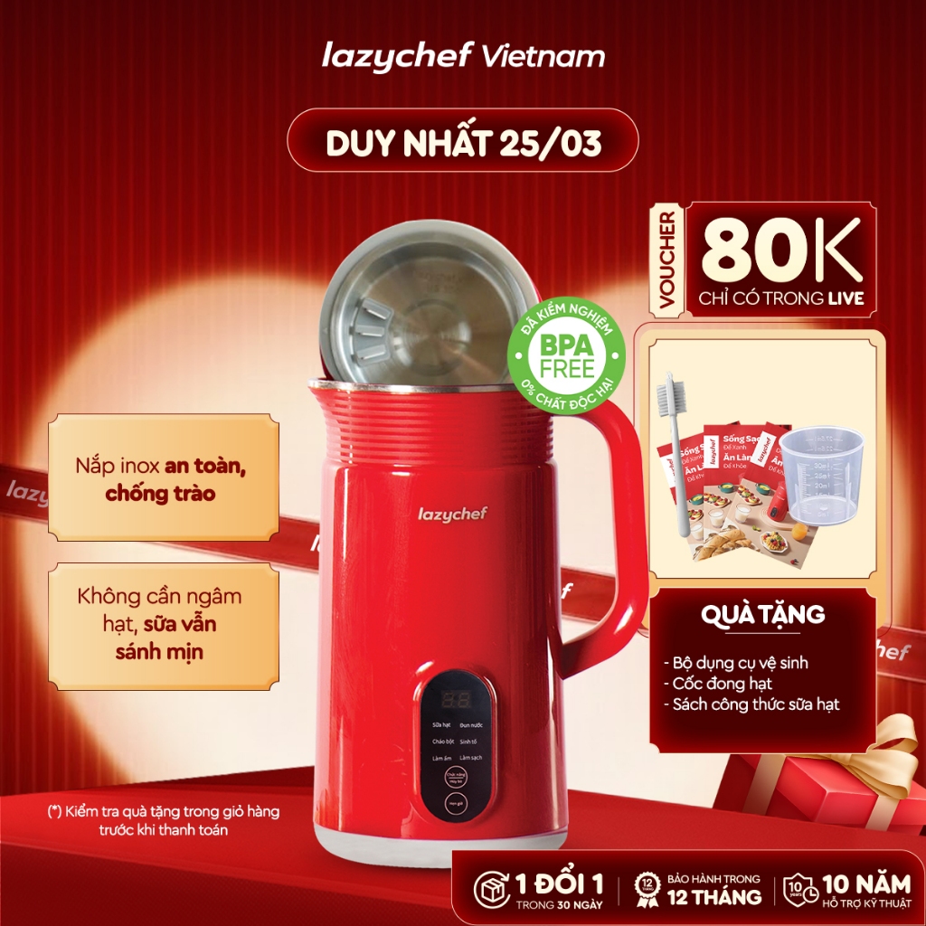 Máy Làm Sữa Hạt Đa Năng Lazychef, Máy Nấu Cháo Chậm, Máy Nấu Sữa, Máy Đun Nước, Bảo Hảnh 12 tháng VH
