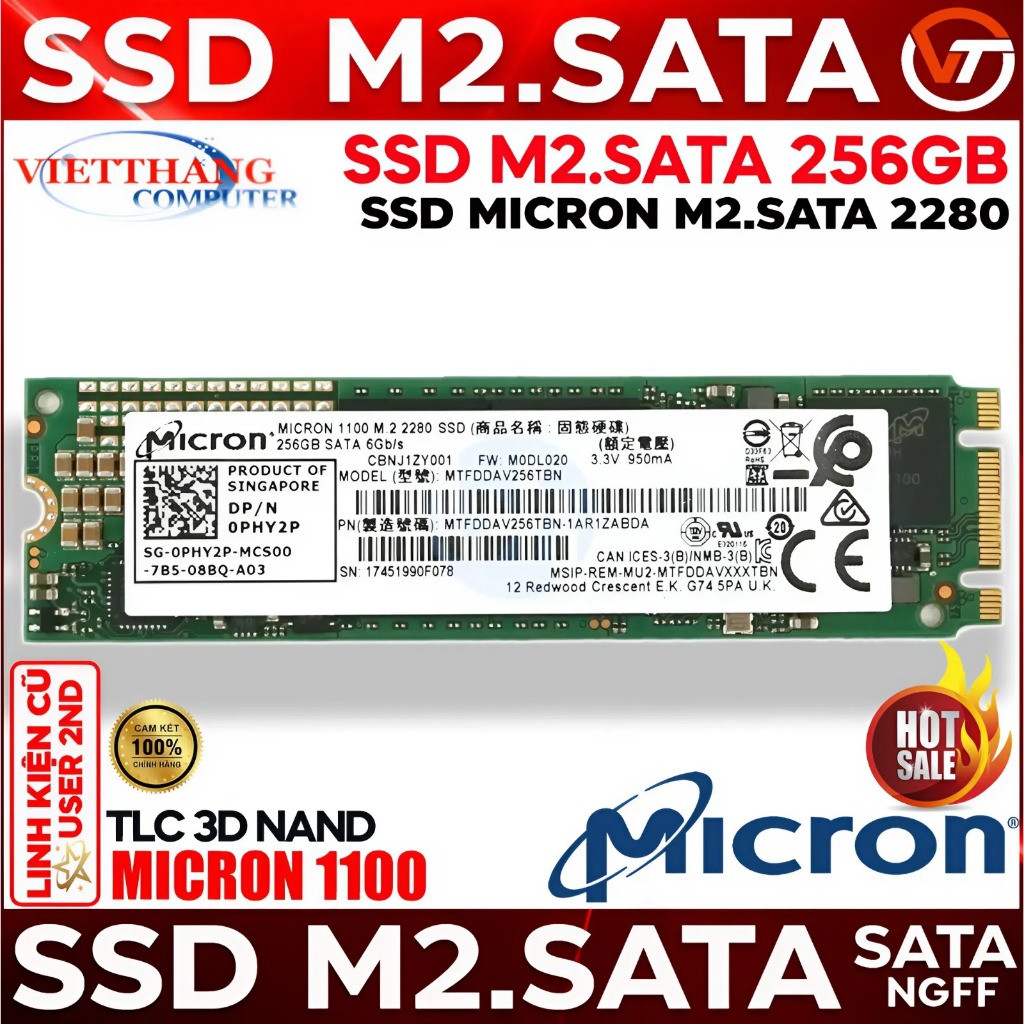 Ổ cứng SSD Micron M2.SATA NGFF 256GB SSD Cũ Good 89% đã qua sử dụng còn đẹp ( Cũ - 2nd )