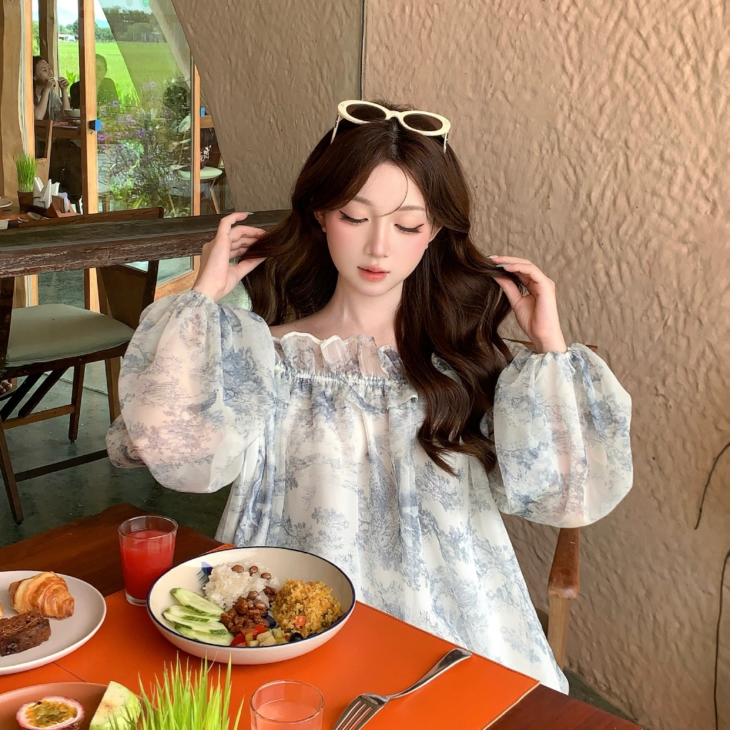 Áo voan trễ vai mùa hè MAYBEROOM dáng suông babydoll dễ diện có lót lụa màu xanh xám Mist Top | BigBuy360 - bigbuy360.vn