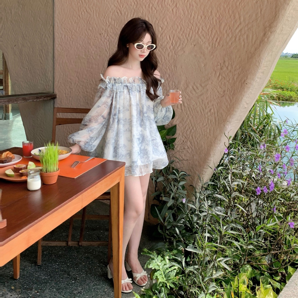 Áo voan trễ vai mùa hè MAYBEROOM dáng suông babydoll dễ diện có lót lụa màu xanh xám Mist Top | BigBuy360 - bigbuy360.vn