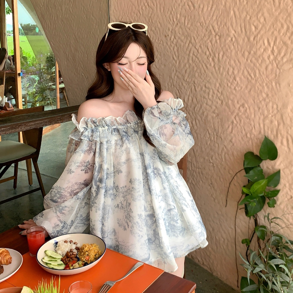 Áo voan trễ vai mùa hè MAYBEROOM dáng suông babydoll dễ diện có lót lụa màu xanh xám Mist Top | BigBuy360 - bigbuy360.vn