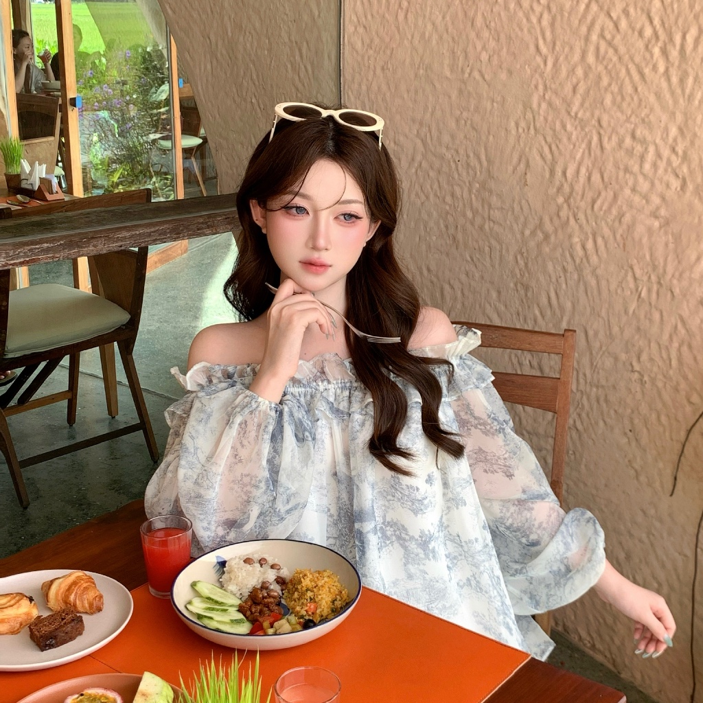 Áo voan trễ vai mùa hè MAYBEROOM dáng suông babydoll dễ diện có lót lụa màu xanh xám Mist Top | BigBuy360 - bigbuy360.vn