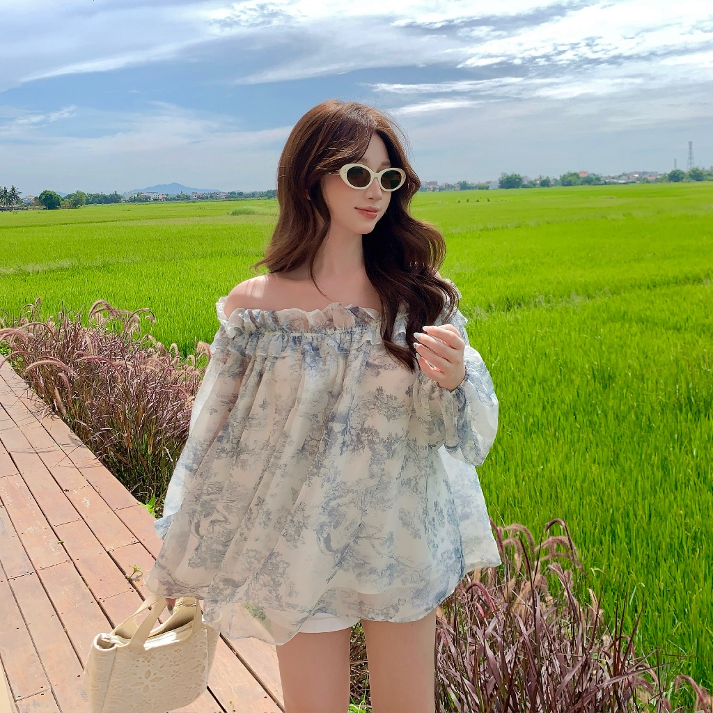 Áo voan trễ vai mùa hè MAYBEROOM dáng suông babydoll dễ diện có lót lụa màu xanh xám Mist Top | BigBuy360 - bigbuy360.vn