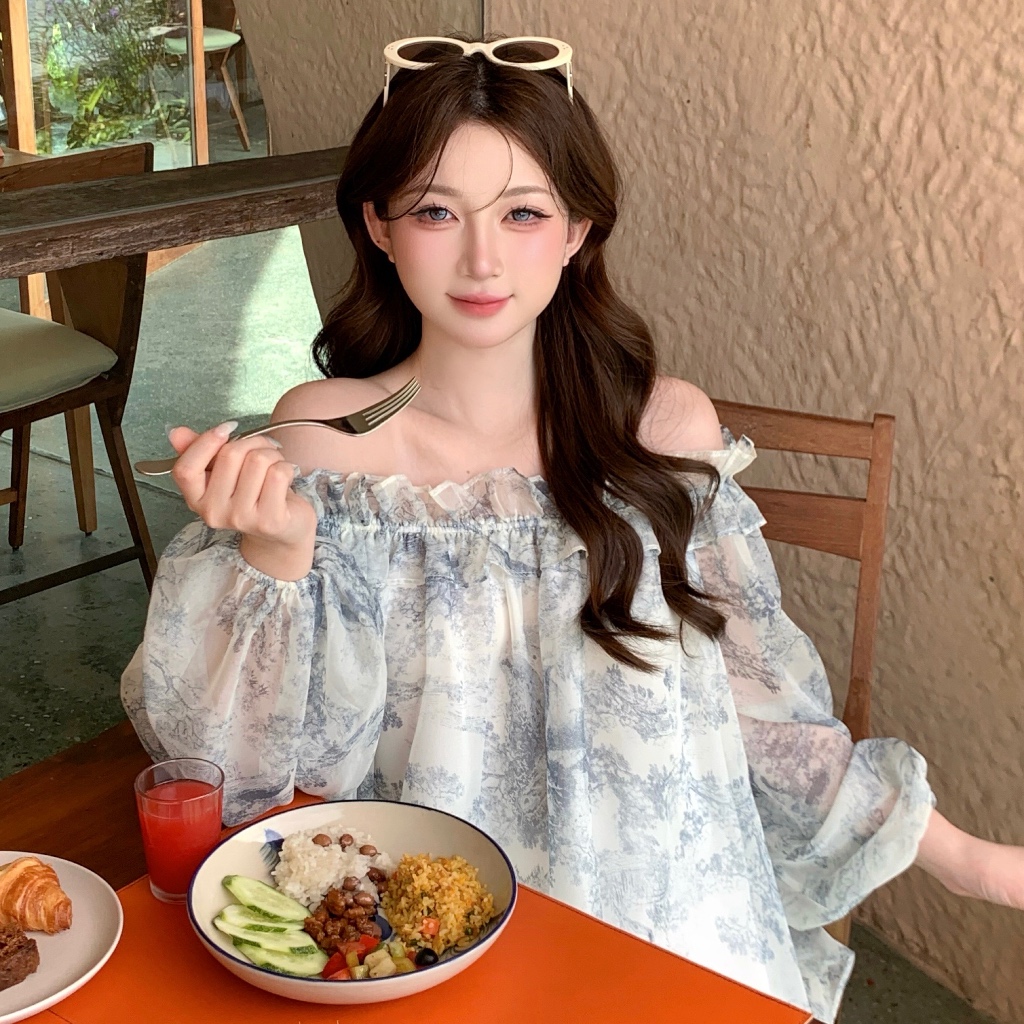 Áo voan trễ vai mùa hè MAYBEROOM dáng suông babydoll dễ diện có lót lụa màu xanh xám Mist Top | BigBuy360 - bigbuy360.vn