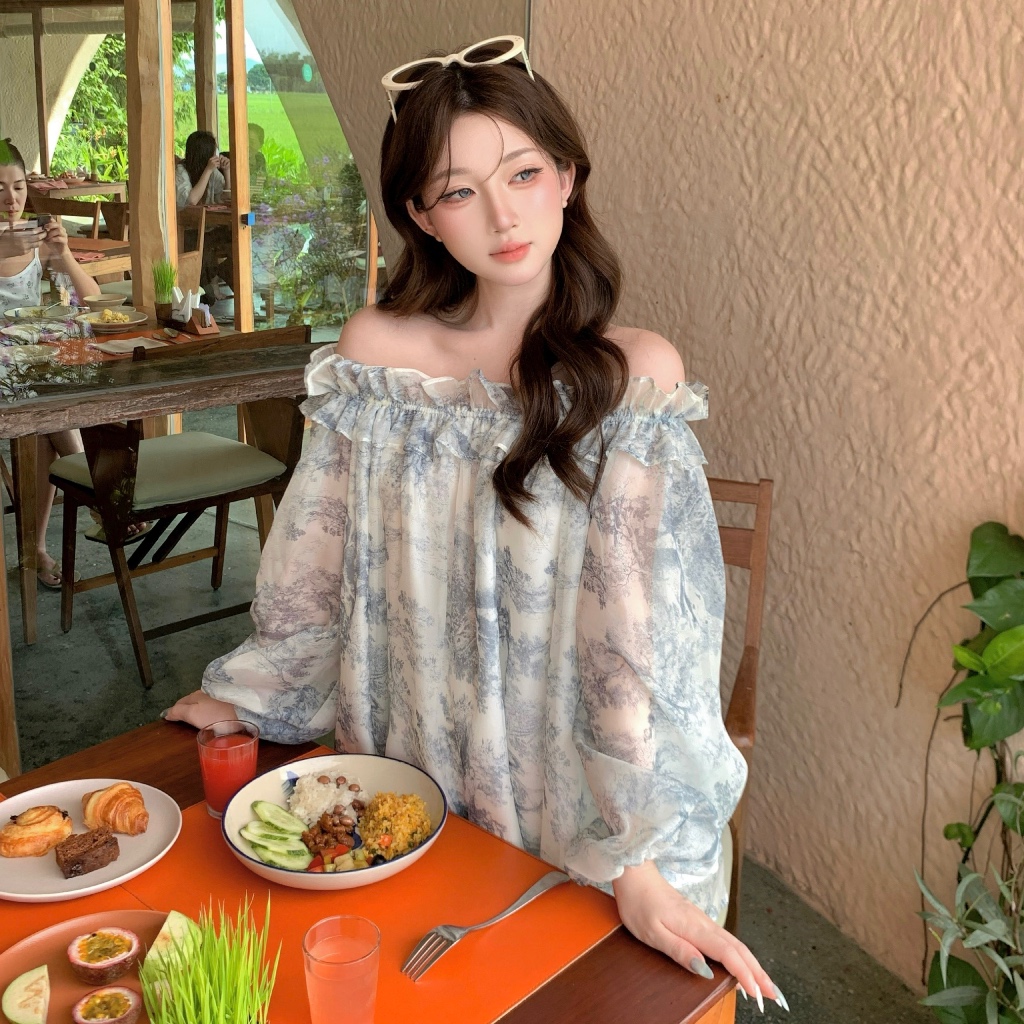 Áo voan trễ vai mùa hè MAYBEROOM dáng suông babydoll dễ diện có lót lụa màu xanh xám Mist Top | BigBuy360 - bigbuy360.vn