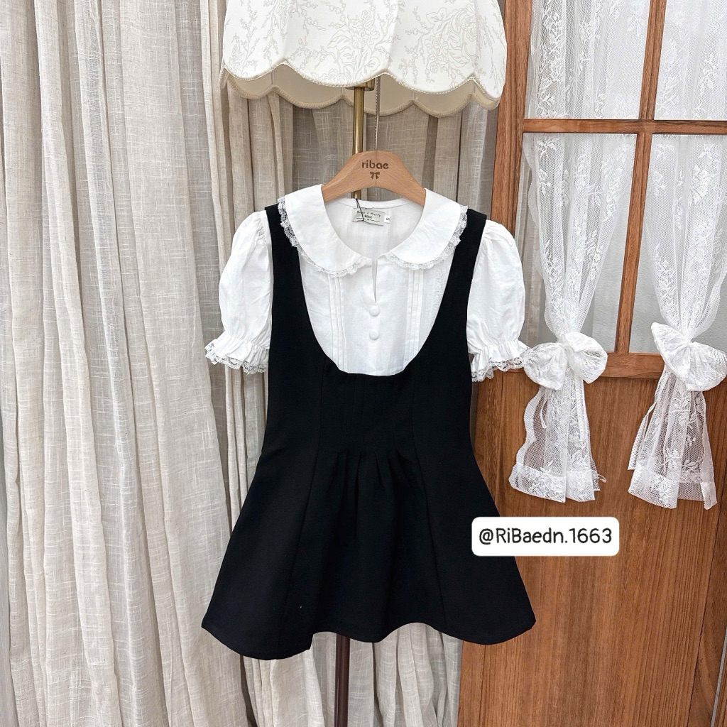 Set Yếm Xếp Li Eo Mix Áo Sơmi Cổ sen phối ren nút bọc”RACHEL” siêu xinh dành cho Nữ | BigBuy360 - bigbuy360.vn