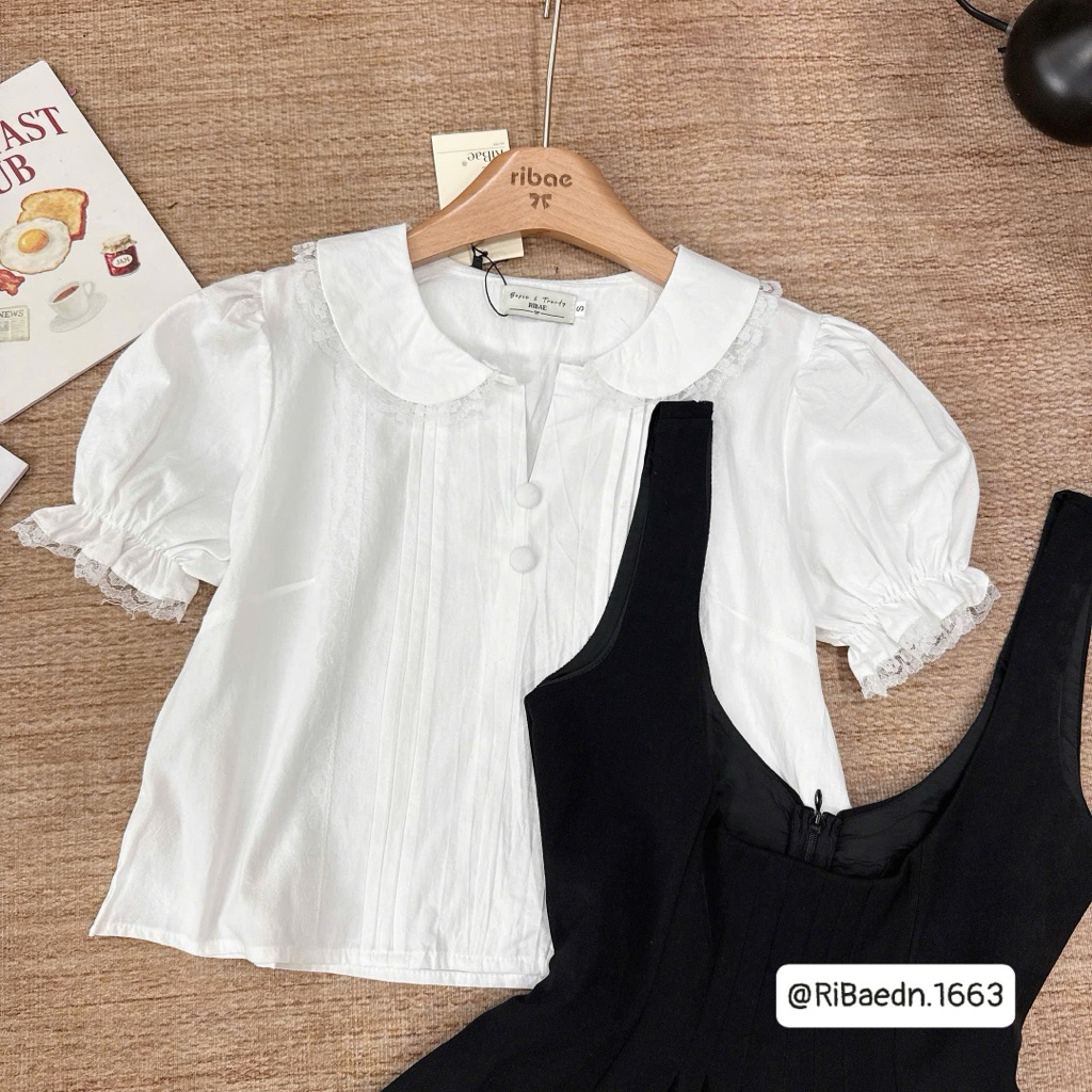 Set Yếm Xếp Li Eo Mix Áo Sơmi Cổ sen phối ren nút bọc”RACHEL” siêu xinh dành cho Nữ | BigBuy360 - bigbuy360.vn