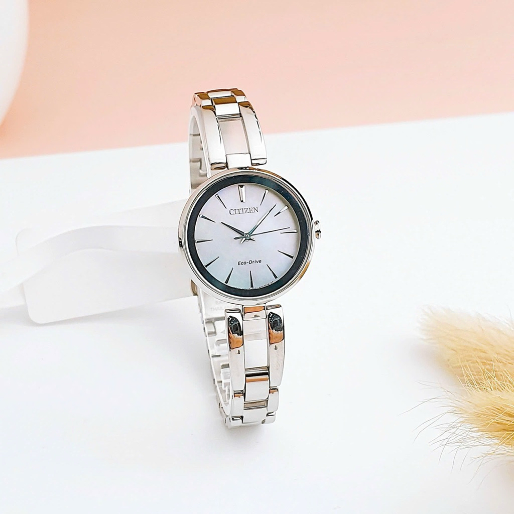 Đồng Hồ Nữ Citizen Axiom EM0630-51D Eco-Drive Size 28 White MOP Sapphire Silver