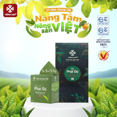 Trà phật độ Hồng Lam, dạng hộp. Khi pha có vị chát nhẹ, ngọt thanh hậu vị