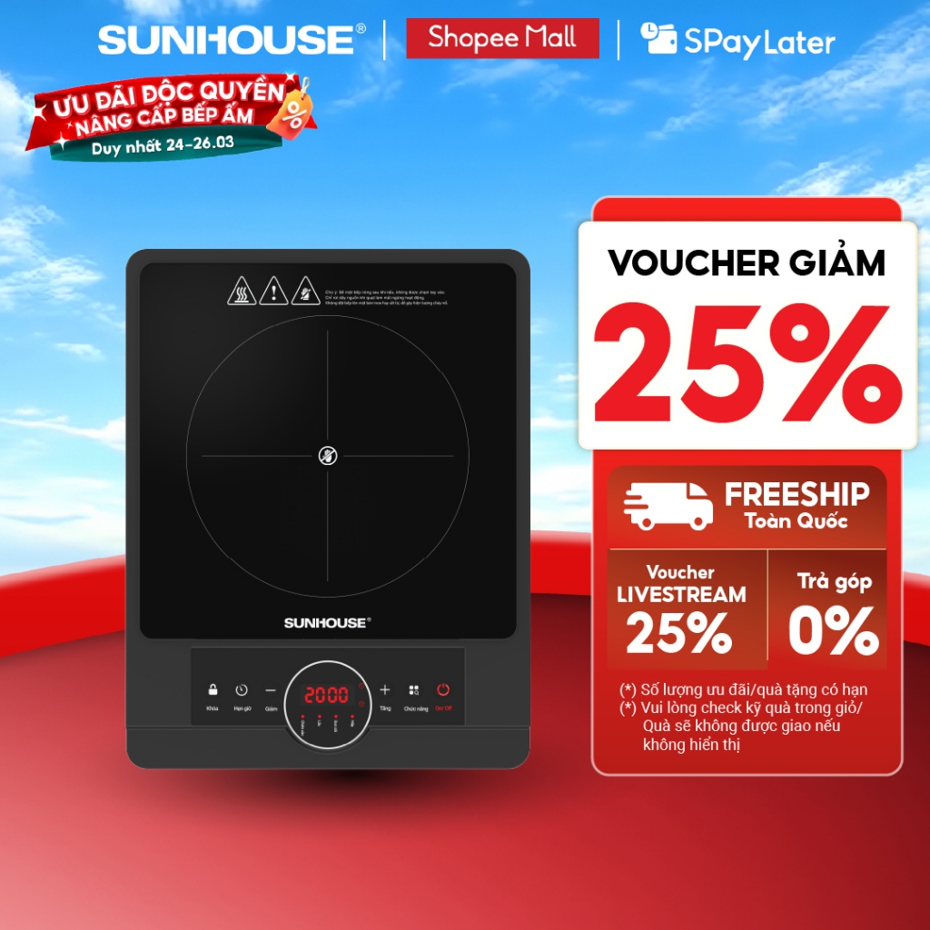 Bếp hồng ngoại Sunhouse SHD6012A - Công suất 2000W - Mặt kính pha lê - Chế độ hẹn giờ - Khóa trẻ em - Đa chức năng