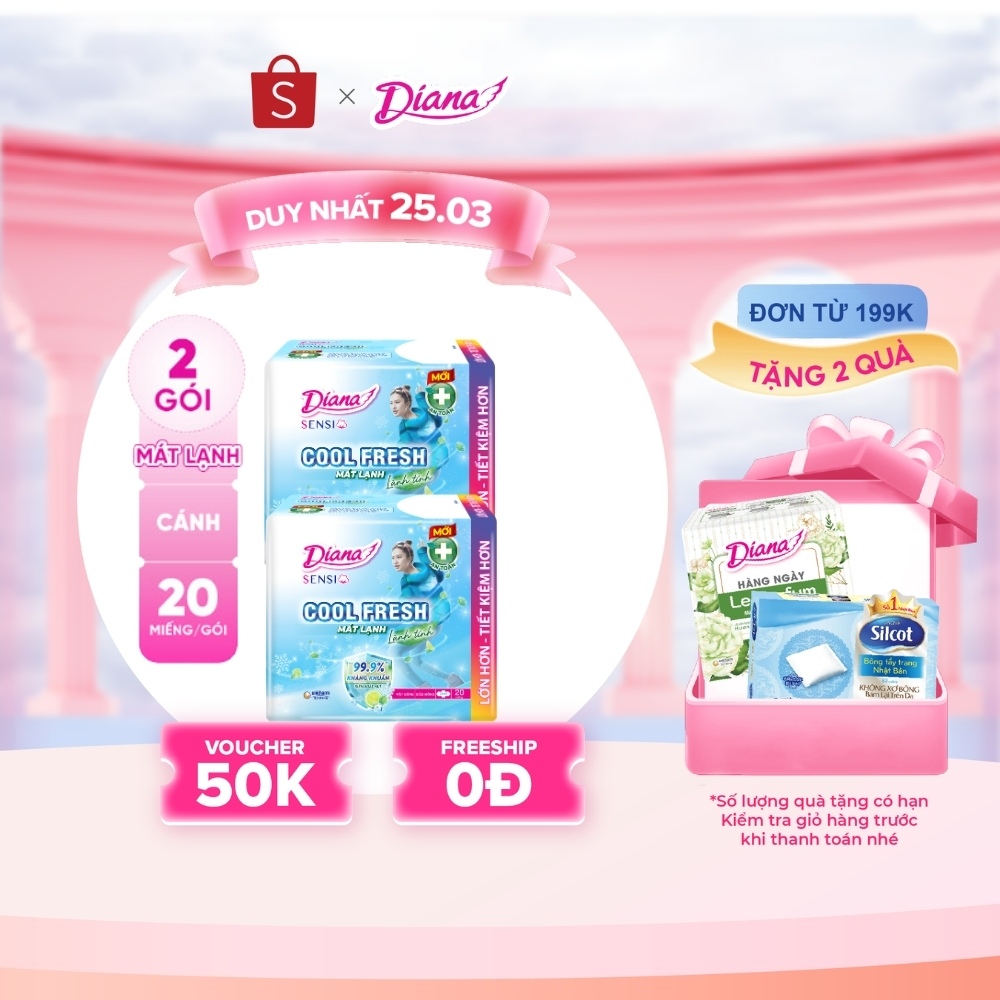 Bộ 2 băng vệ sinh Diana Sensi Cool Fresh siêu mỏng cánh gói 20 miếng